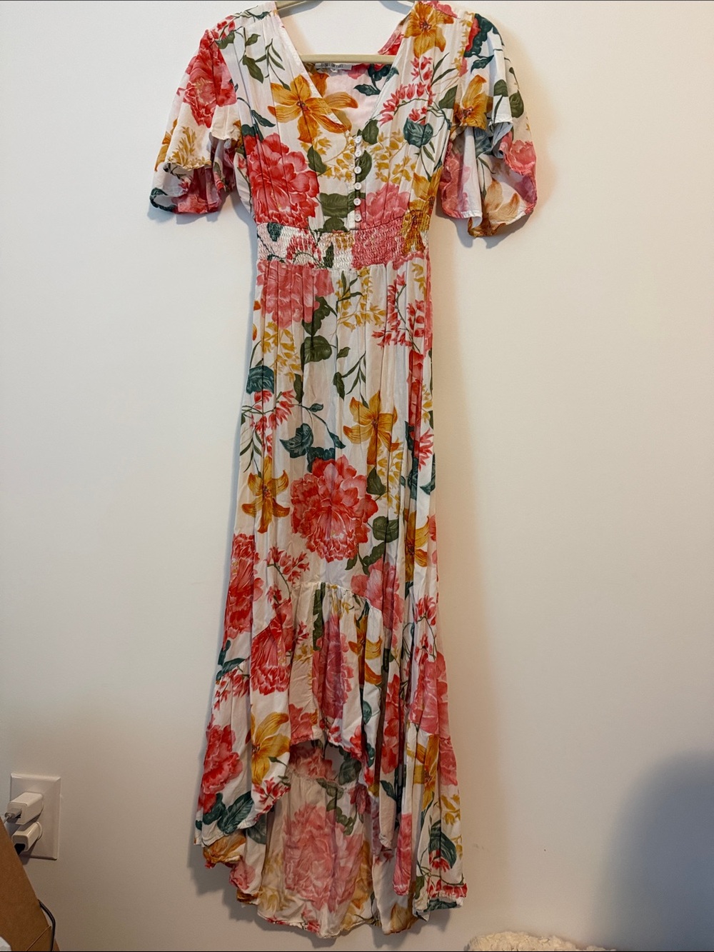Floral Cream Maxi Dress with Pink and Yellow Blooms